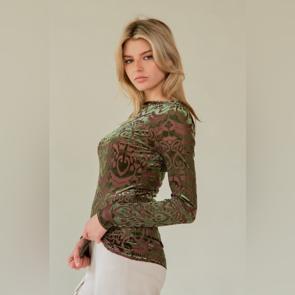 🟠 100B. Mesh Velour Long Sleeve Top - Green